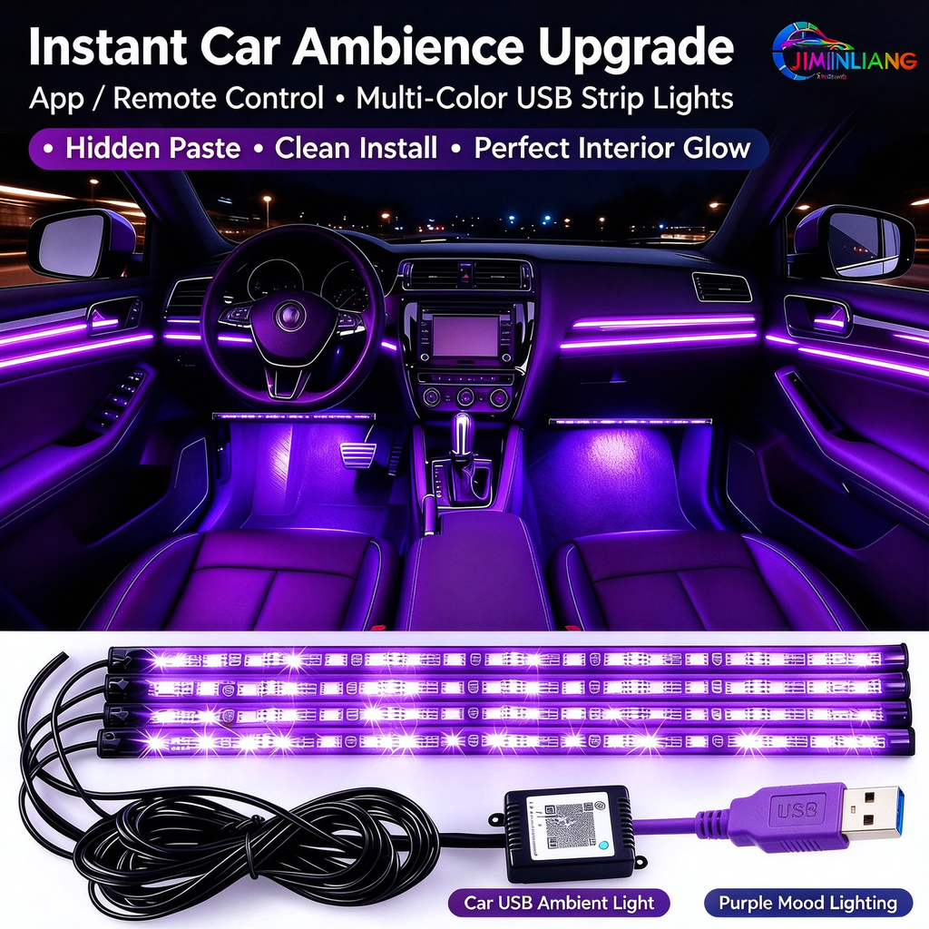 car interior lights, USB car ambient light, RGB car footwell lights, app control, music sync, 4 pcs，RGB Car Interior Lights, USB Powered Car Ambient Footwell Lights,
