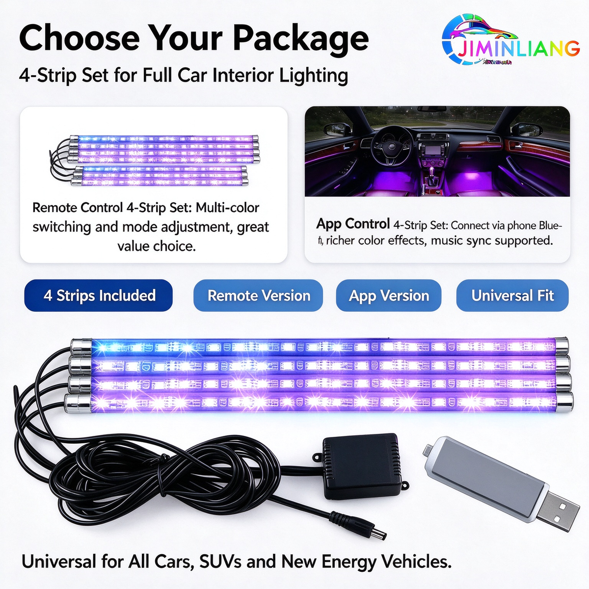 car interior lights, USB car ambient light, RGB car footwell lights, app control, music sync, 4 pcs，RGB Car Interior Lights, USB Powered Car Ambient Footwell Lights,