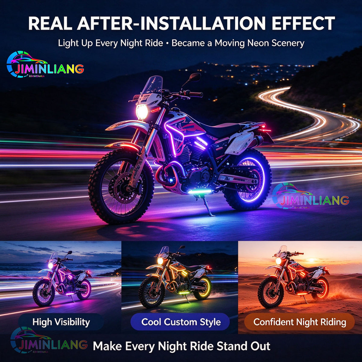 Motorcycle RGB LED light strip, APP + infrared remote control, IP67 waterproof neon LED lighting kit, cruising vehicle, 12V motorcycle atmosphere lighting set, multi-mode flowing decorative light, suitable for Harley off-road motorcycles and scooters