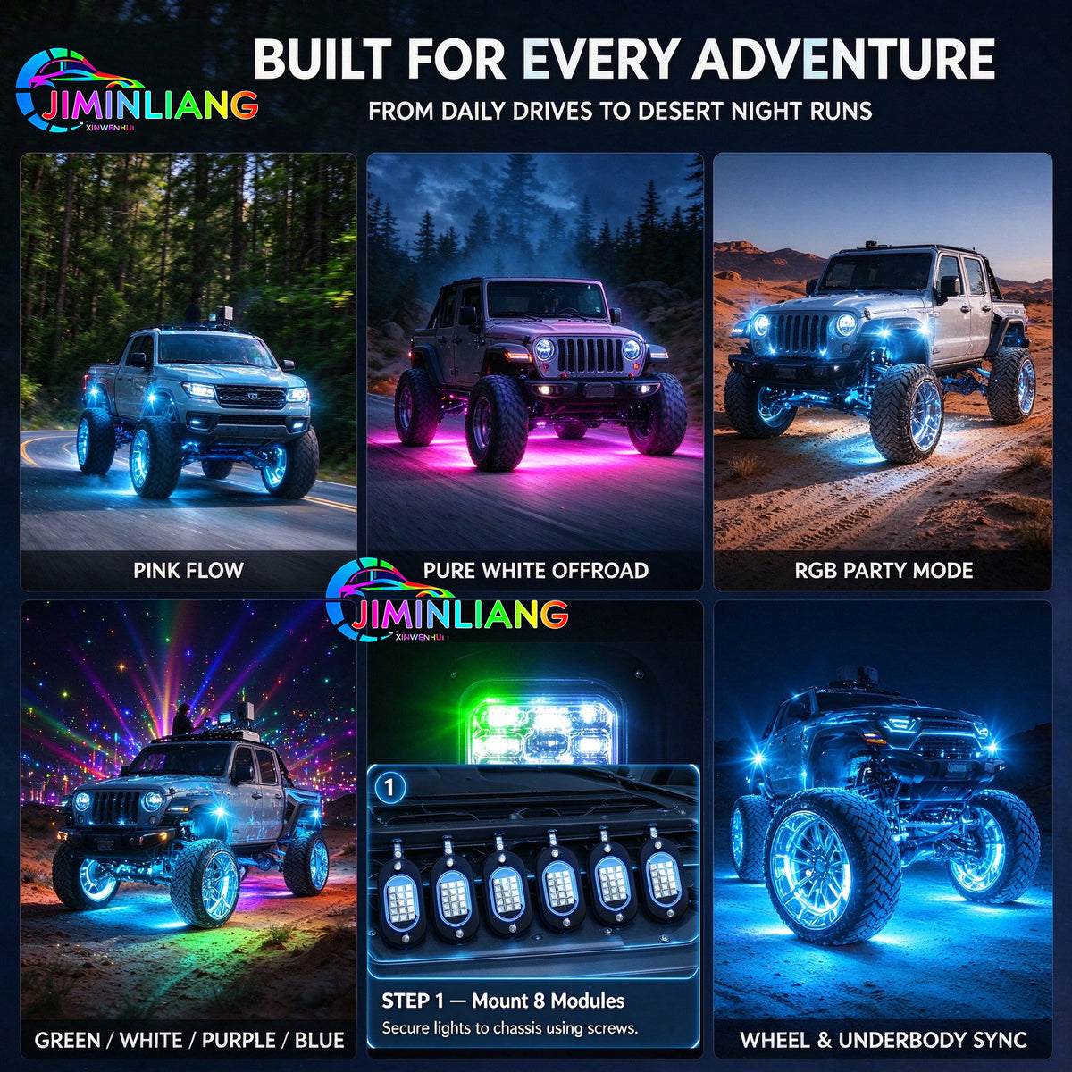 8 Pods RGB Rock Lights, 15 LED Per Pod Bluetooth App Control Music Sync Underbody Glow Light Kit, IP67 Waterproof Underglow Neon Light for Pickup Truck Off-Road SUV ATV， Offroad Truck Underbody Lights，