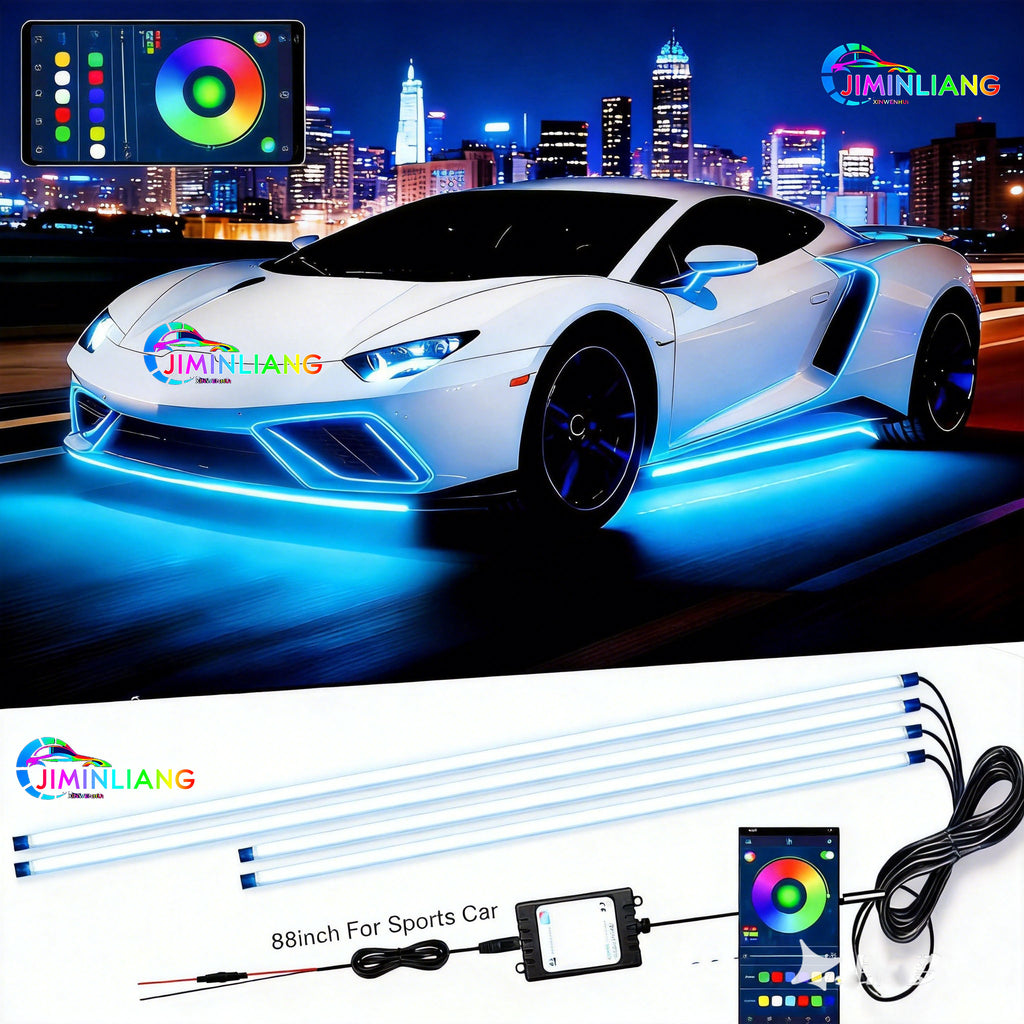 RGB Car Underglow LED Strip Light Kit - App + IR Remote Dual Control, 16 Million Custom Colors, Music Sync Mode,12V Universal No Cut Wiring For All Cars SUV Truck， Flexible Silicone RGB Car Underglow LED Light Strip Kit Universal For Sedan SUV EV,