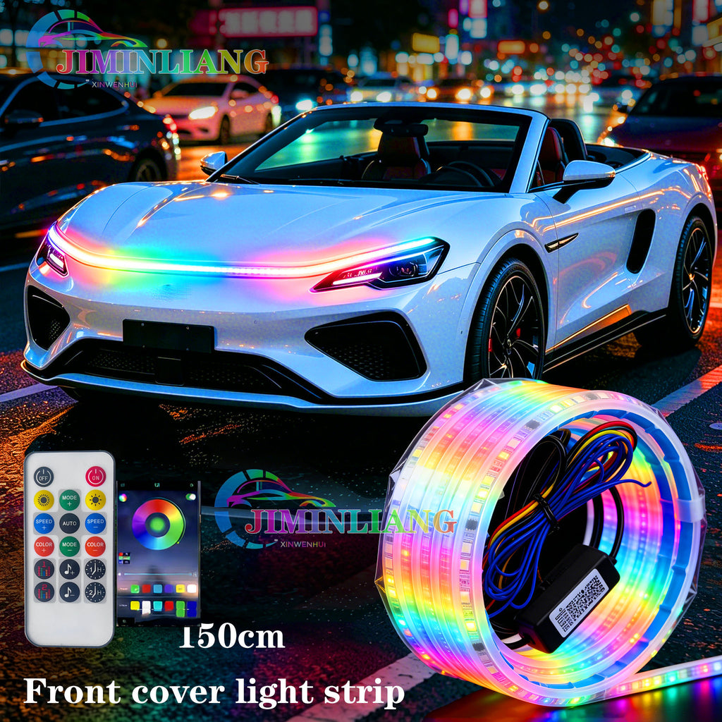 RGB Dynamic Chase Flow Car Hood Light Strip, APP & Remote Control Start Scan LED Engine Hood Strip Light,1.5M Dynamic RGB Car Hood LED Light Strip, IR Remote Control Flowing Scan Hood Light, Waterproof Flexible Neon Light Strip for Car Engine Cover Decor