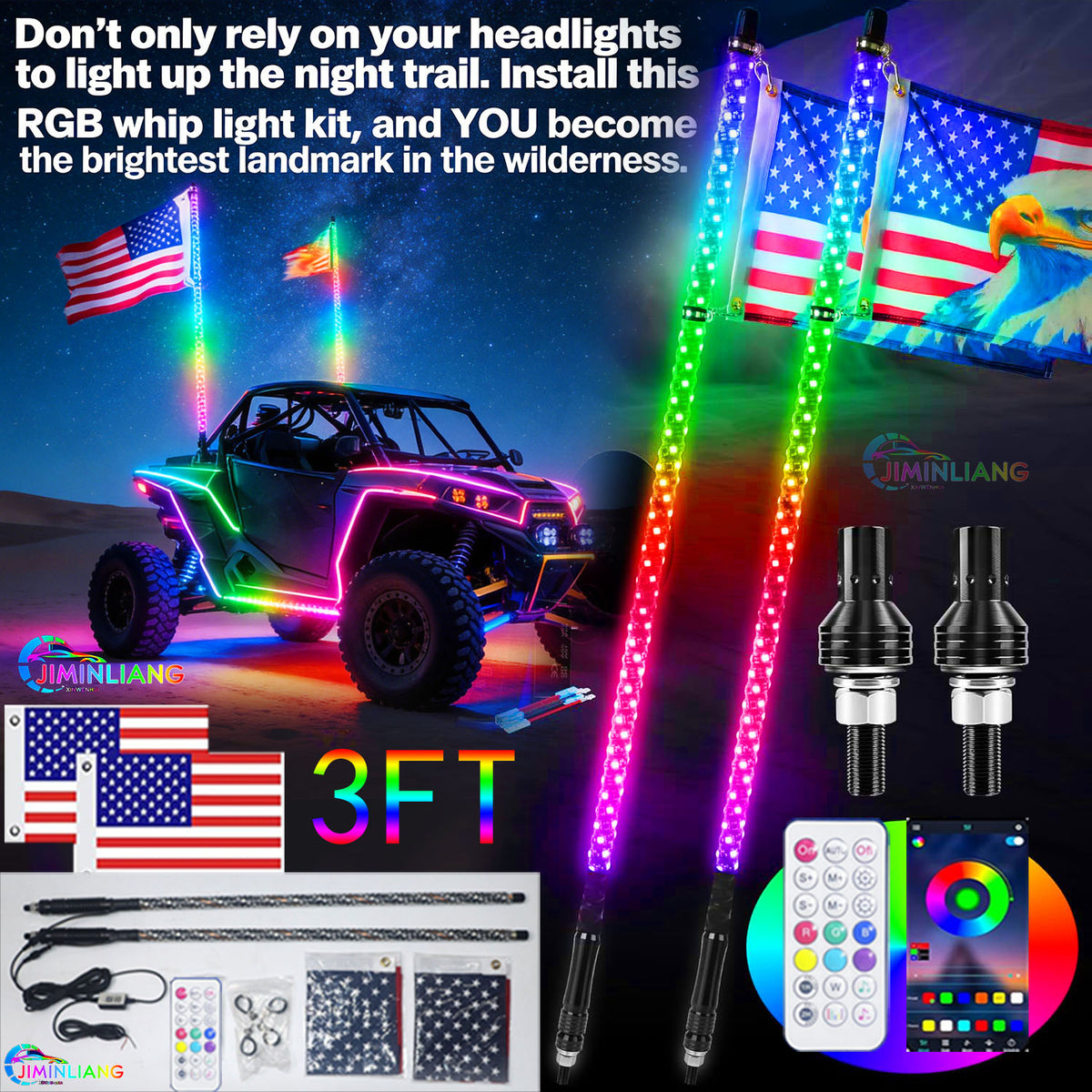 3FT LED Whip Flags with RGB Chasing Lights, Pcs Flexible LED Whip Flags RGB Chasing Light Kit,,  RGB LED Whip Light Flag Kit ,  App + RF Remote,IP67 Waterproof LED Lighted Whip  for Off-Road ATV UTV Buggy Pickup