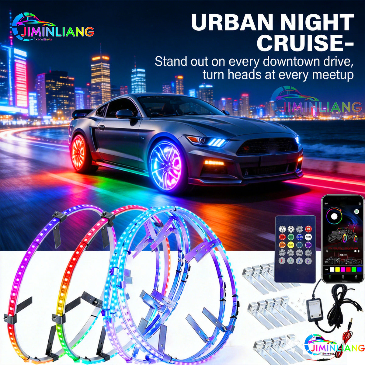 15 Inch RGB LED Wheel Ring Lights 4-Pack |  Neon Wheel Lights for Truck, Pickup, SUV, Car, Offroad  Universal Fit，Full Color LED Wheel Lights | App Controlled RGB 4-Wheel Kit， Cold Resistant Offroad Wheel Ring Lights with Music Sync