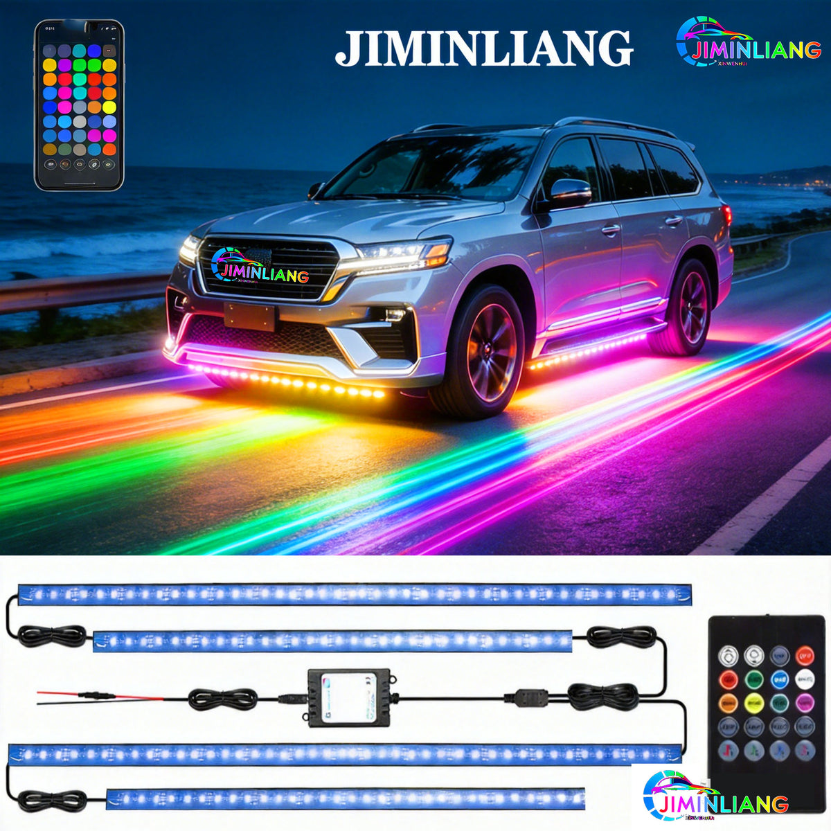 RGB Car Underglow LED Strip Light Kit - App + IR Remote Dual Control, 16 Million Custom Colors, Music Sync Mode,12V Universal No Cut Wiring For All Cars SUV Truck， Flexible Silicone RGB Car Underglow LED Light Strip Kit Universal For Sedan SUV EV,