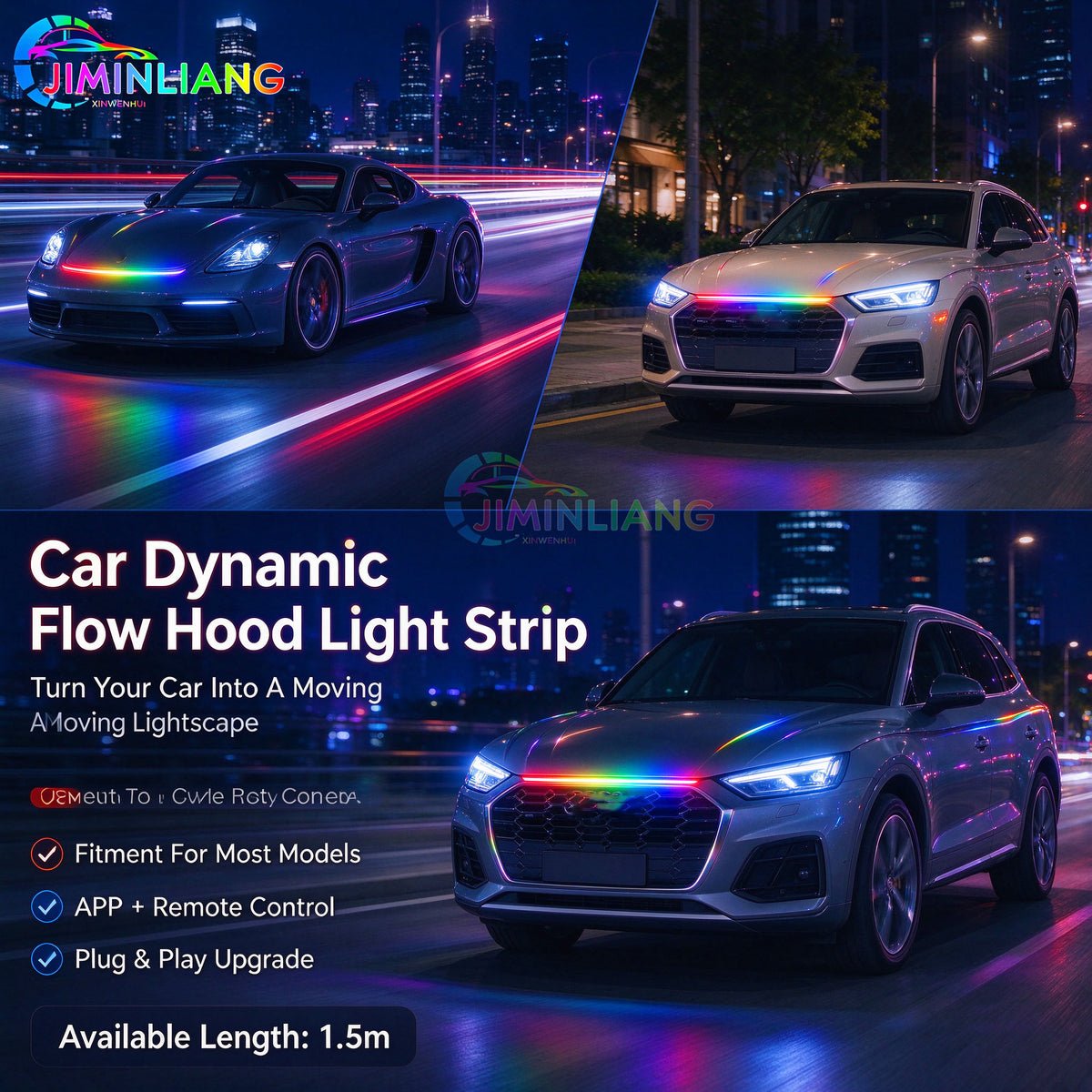 RGB Dynamic Chase Flow Car Hood Light Strip, APP & Remote Control Start Scan LED Engine Hood Strip Light,1.5M Dynamic RGB Car Hood LED Light Strip, IR Remote Control Flowing Scan Hood Light, Waterproof Flexible Neon Light Strip for Car Engine Cover Decor