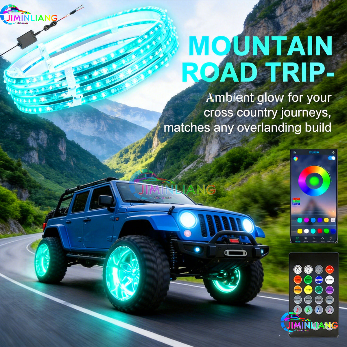 15 Inch RGB LED Wheel Ring Lights 4-Pack |  Neon Wheel Lights for Truck, Pickup, SUV, Car, Offroad  Universal Fit，Full Color LED Wheel Lights | App Controlled RGB 4-Wheel Kit， Cold Resistant Offroad Wheel Ring Lights with Music Sync