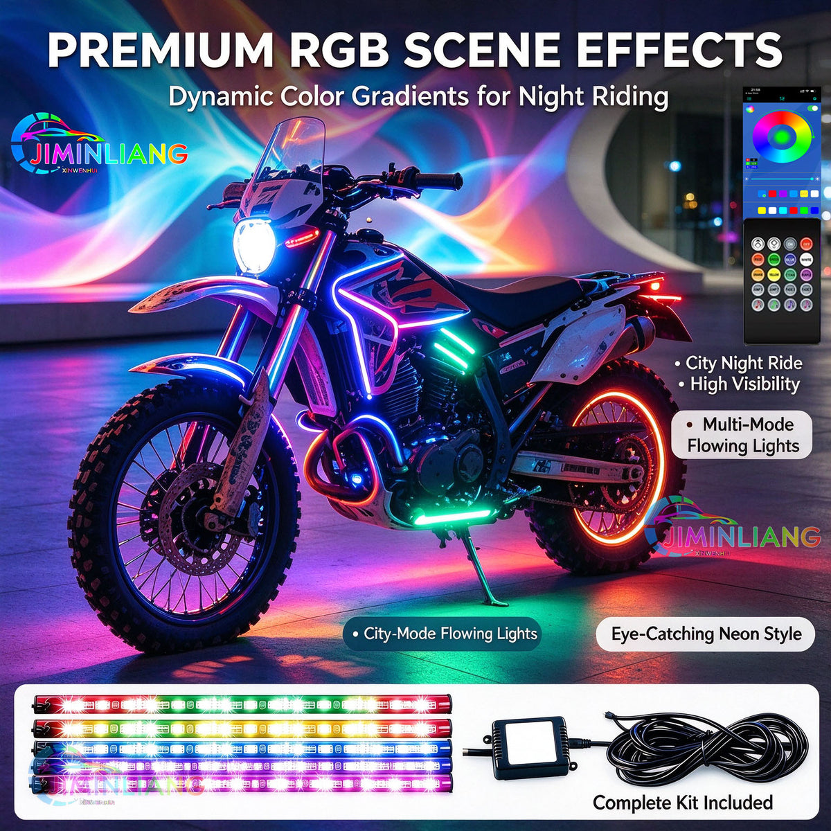 Motorcycle RGB LED light strip, APP + infrared remote control, IP67 waterproof neon LED lighting kit, cruising vehicle, 12V motorcycle atmosphere lighting set, multi-mode flowing decorative light, suitable for Harley off-road motorcycles and scooters