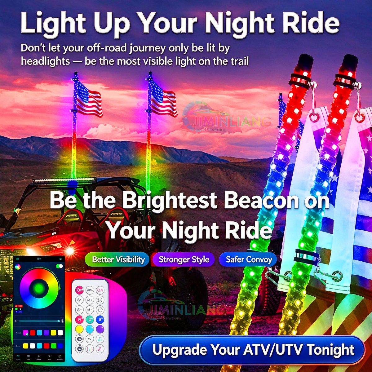 3FT LED Whip Flags with RGB Chasing Lights, Pcs Flexible LED Whip Flags RGB Chasing Light Kit,,  RGB LED Whip Light Flag Kit ,  App + RF Remote,IP67 Waterproof LED Lighted Whip  for Off-Road ATV UTV Buggy Pickup