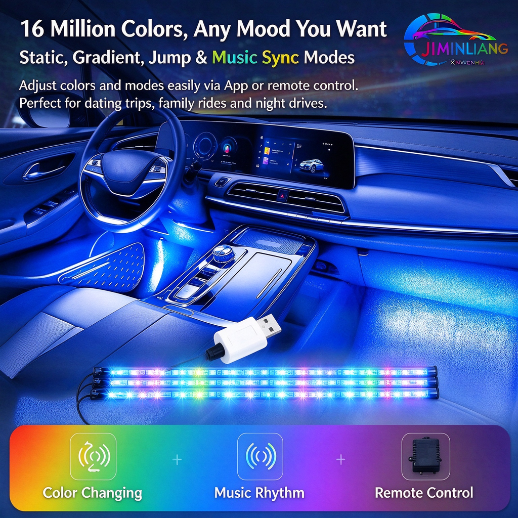 car interior lights, USB car ambient light, RGB car footwell lights, app control, music sync, 4 pcs，RGB Car Interior Lights, USB Powered Car Ambient Footwell Lights,