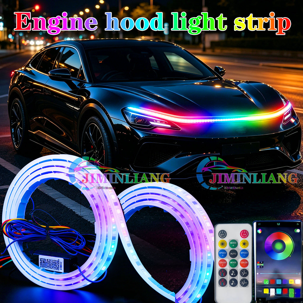 RGB Dynamic Chase Flow Car Hood Light Strip, APP & Remote Control Start Scan LED Engine Hood Strip Light,1.5M Dynamic RGB Car Hood LED Light Strip, IR Remote Control Flowing Scan Hood Light, Waterproof Flexible Neon Light Strip for Car Engine Cover Decor
