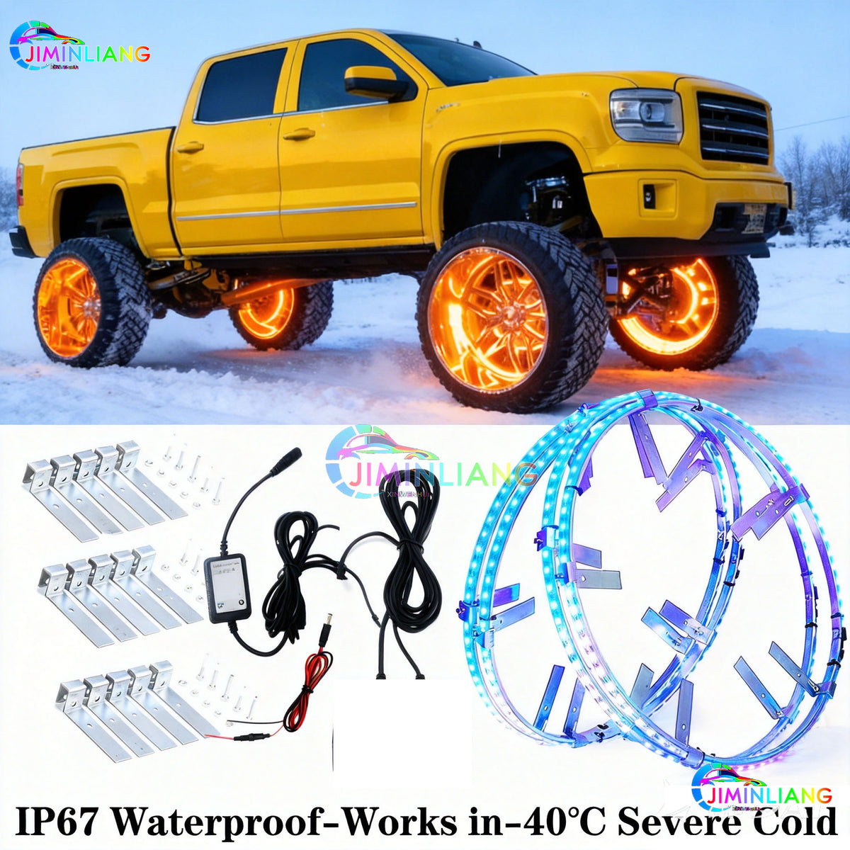 15 Inch RGB LED Wheel Ring Lights 4-Pack |  Neon Wheel Lights for Truck, Pickup, SUV, Car, Offroad  Universal Fit，Full Color LED Wheel Lights | App Controlled RGB 4-Wheel Kit， Cold Resistant Offroad Wheel Ring Lights with Music Sync