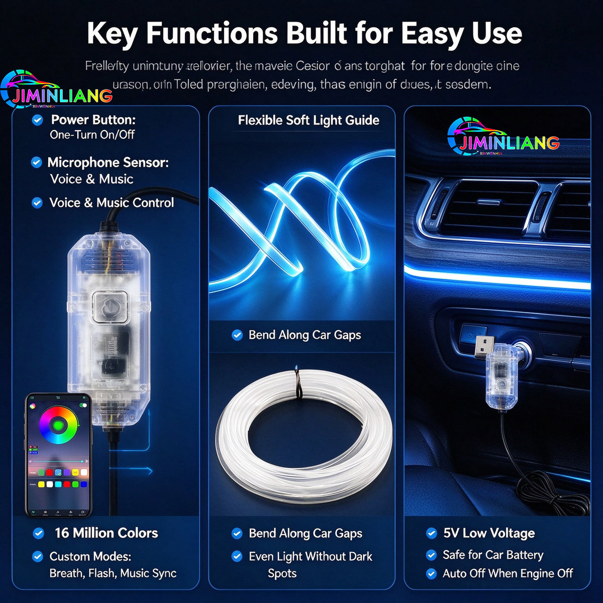 Car EL Wire Ambient Light, 3M USB Neon Strip Light, App & Button Control, Music Sync RGB 16M Colors, Flexible RGB EL Wire Car Atmosphere Light,Cuttable Interior Car Atmosphere Light, No Modification，Flexible Cuttable Light for Car Dashboard & Footwell