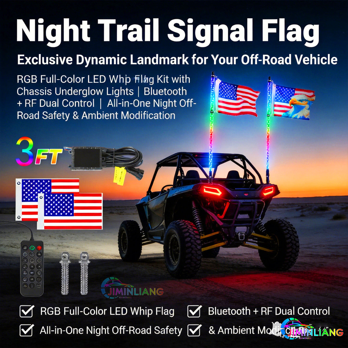 3FT LED Whip Flags with RGB Chasing Lights, Pcs Flexible LED Whip Flags RGB Chasing Light Kit,,  RGB LED Whip Light Flag Kit ,  App + RF Remote,IP67 Waterproof LED Lighted Whip  for Off-Road ATV UTV Buggy Pickup