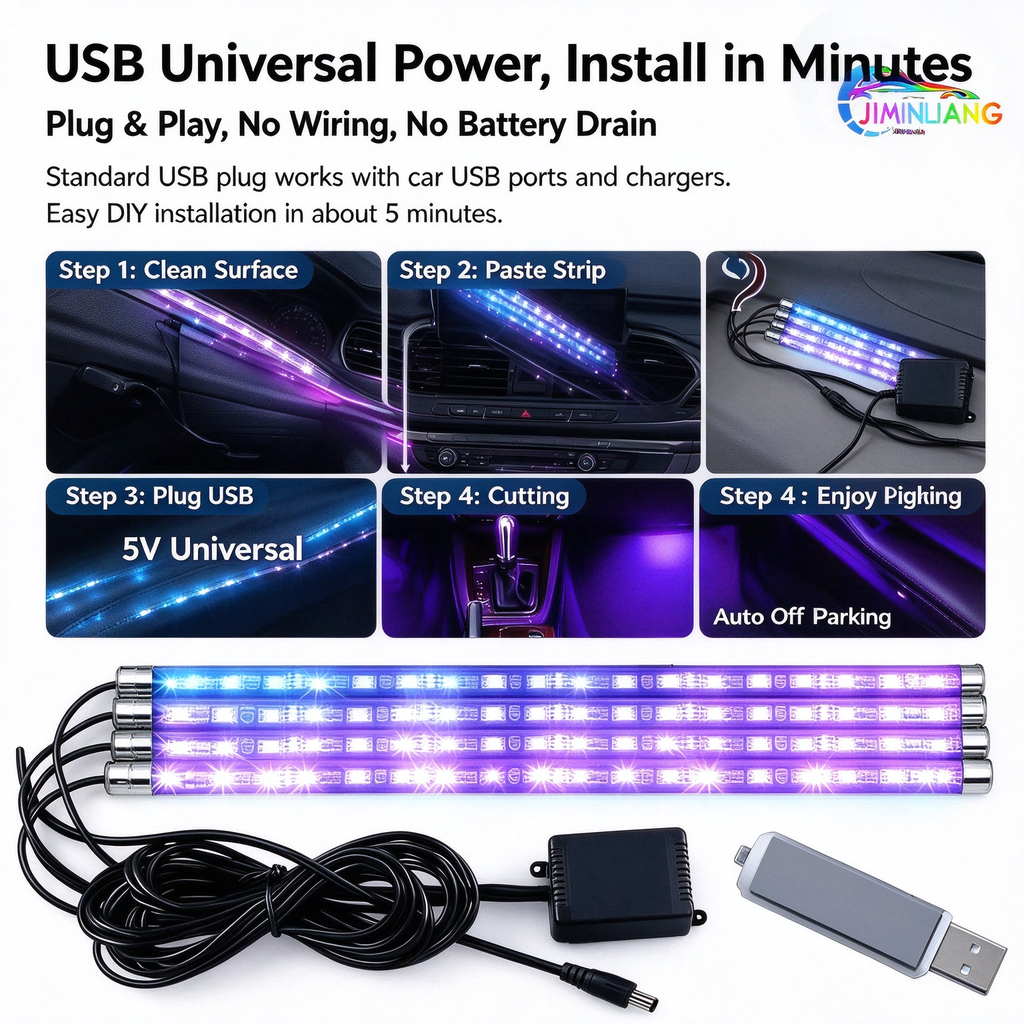 car interior lights, USB car ambient light, RGB car footwell lights, app control, music sync, 4 pcs，RGB Car Interior Lights, USB Powered Car Ambient Footwell Lights,