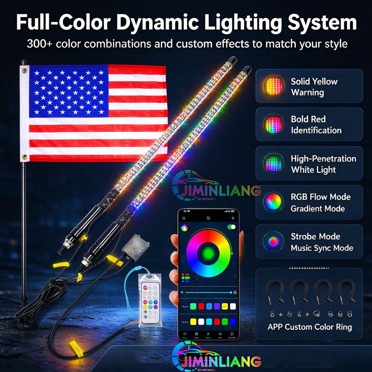 3FT LED Whip Flags with RGB Chasing Lights, Pcs Flexible LED Whip Flags RGB Chasing Light Kit,,  RGB LED Whip Light Flag Kit ,  App + RF Remote,IP67 Waterproof LED Lighted Whip  for Off-Road ATV UTV Buggy Pickup