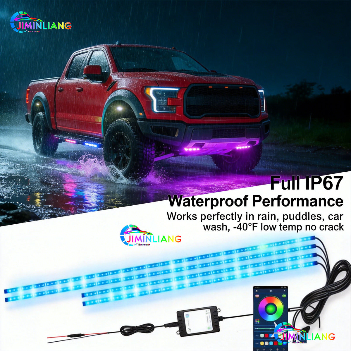 RGB Car Underglow LED Strip Light Kit - App + IR Remote Dual Control, 16 Million Custom Colors, Music Sync Mode,12V Universal No Cut Wiring For All Cars SUV Truck， Flexible Silicone RGB Car Underglow LED Light Strip Kit Universal For Sedan SUV EV,