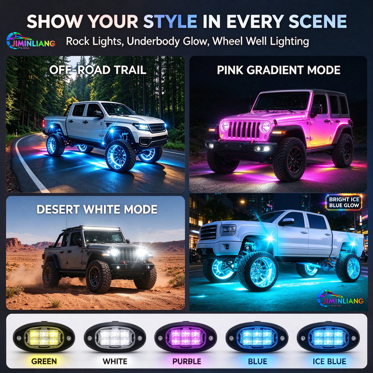 8 Pods RGB Rock Lights, 15 LED Per Pod Bluetooth App Control Music Sync Underbody Glow Light Kit, IP67 Waterproof Underglow Neon Light for Pickup Truck Off-Road SUV ATV， Offroad Truck Underbody Lights，