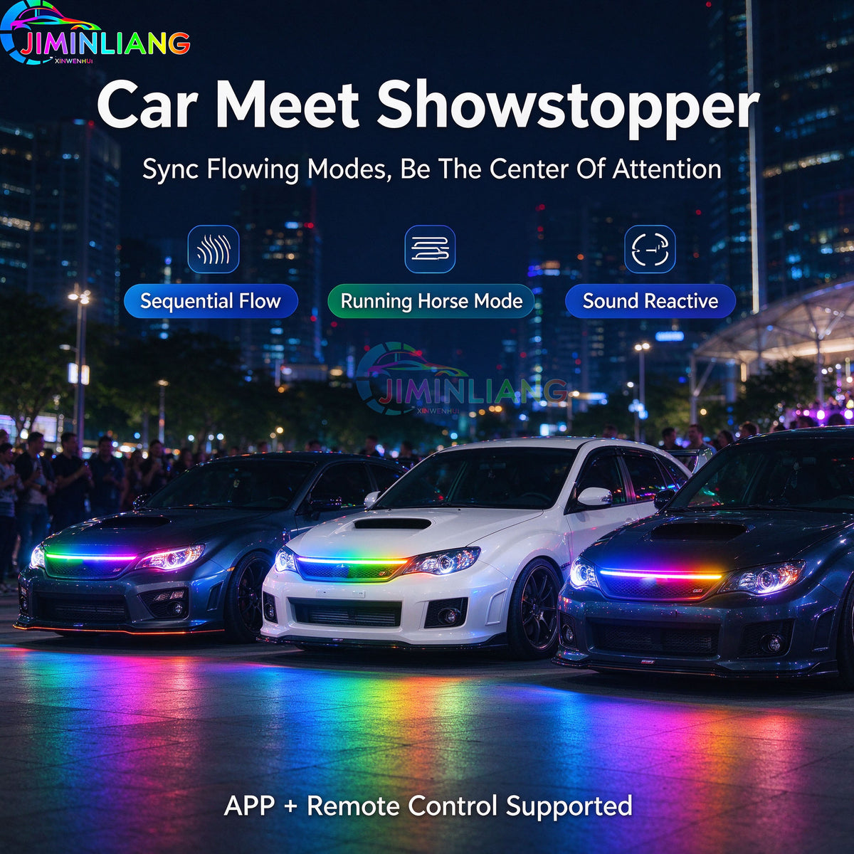 RGB Dynamic Chase Flow Car Hood Light Strip, APP & Remote Control Start Scan LED Engine Hood Strip Light,1.5M Dynamic RGB Car Hood LED Light Strip, IR Remote Control Flowing Scan Hood Light, Waterproof Flexible Neon Light Strip for Car Engine Cover Decor
