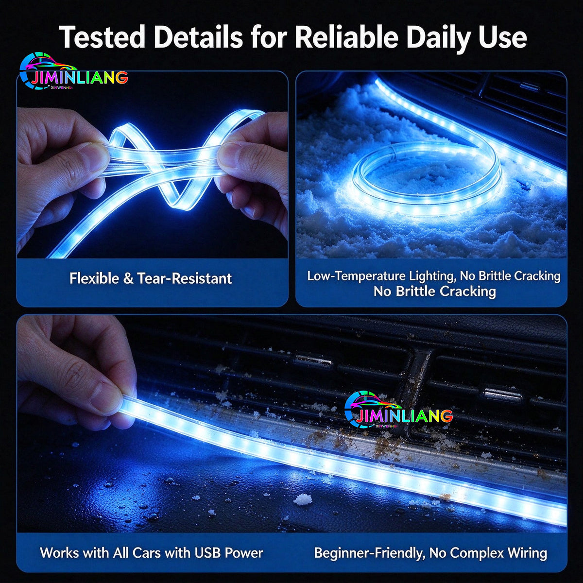 Car EL Wire Ambient Light, 3M USB Neon Strip Light, App & Button Control, Music Sync RGB 16M Colors, Flexible RGB EL Wire Car Atmosphere Light,Cuttable Interior Car Atmosphere Light, No Modification，Flexible Cuttable Light for Car Dashboard & Footwell