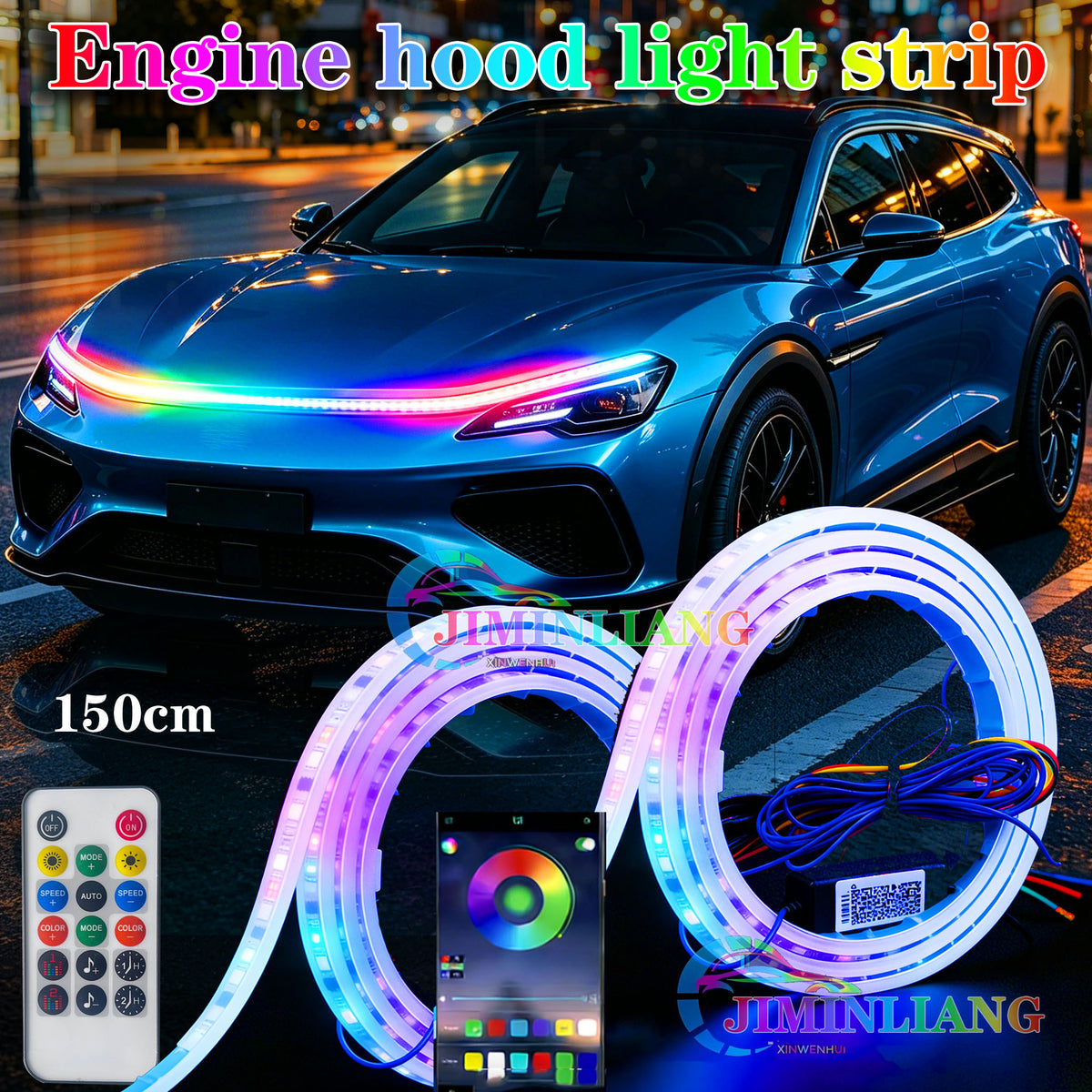 RGB Dynamic Chase Flow Car Hood Light Strip, APP & Remote Control Start Scan LED Engine Hood Strip Light,1.5M Dynamic RGB Car Hood LED Light Strip, IR Remote Control Flowing Scan Hood Light, Waterproof Flexible Neon Light Strip for Car Engine Cover Decor