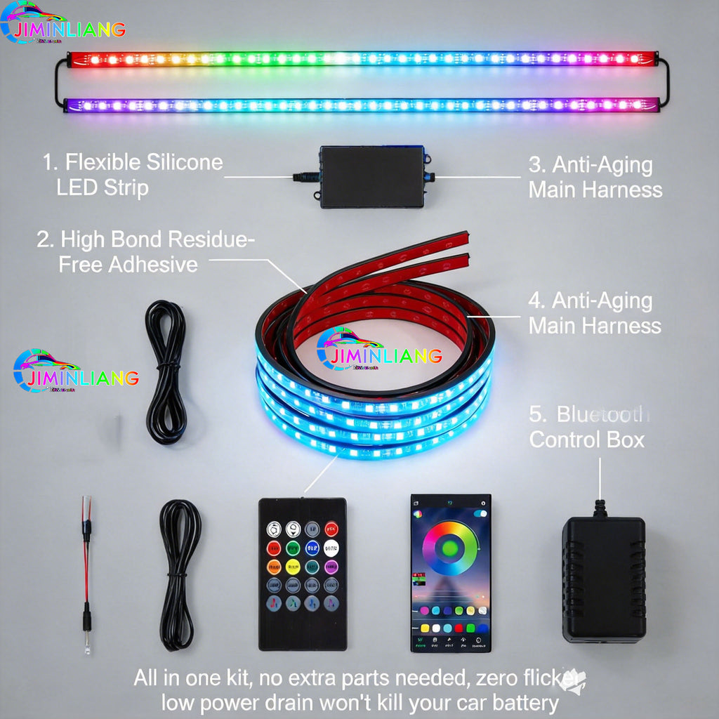 RGB Car Underglow LED Strip Light Kit - App + IR Remote Dual Control, 16 Million Custom Colors, Music Sync Mode,12V Universal No Cut Wiring For All Cars SUV Truck， Flexible Silicone RGB Car Underglow LED Light Strip Kit Universal For Sedan SUV EV,
