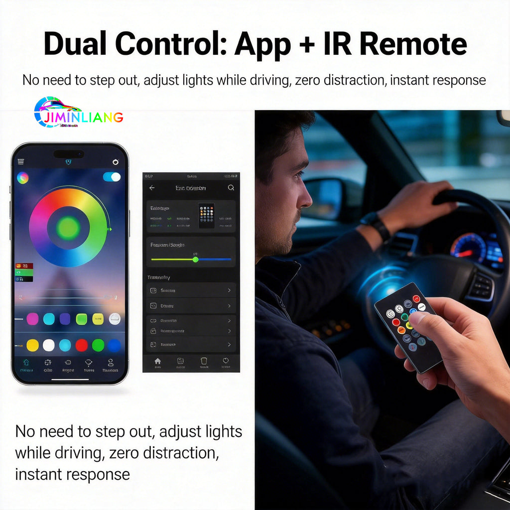 RGB Car Underglow LED Strip Light Kit - App + IR Remote Dual Control, 16 Million Custom Colors, Music Sync Mode,12V Universal No Cut Wiring For All Cars SUV Truck， Flexible Silicone RGB Car Underglow LED Light Strip Kit Universal For Sedan SUV EV,