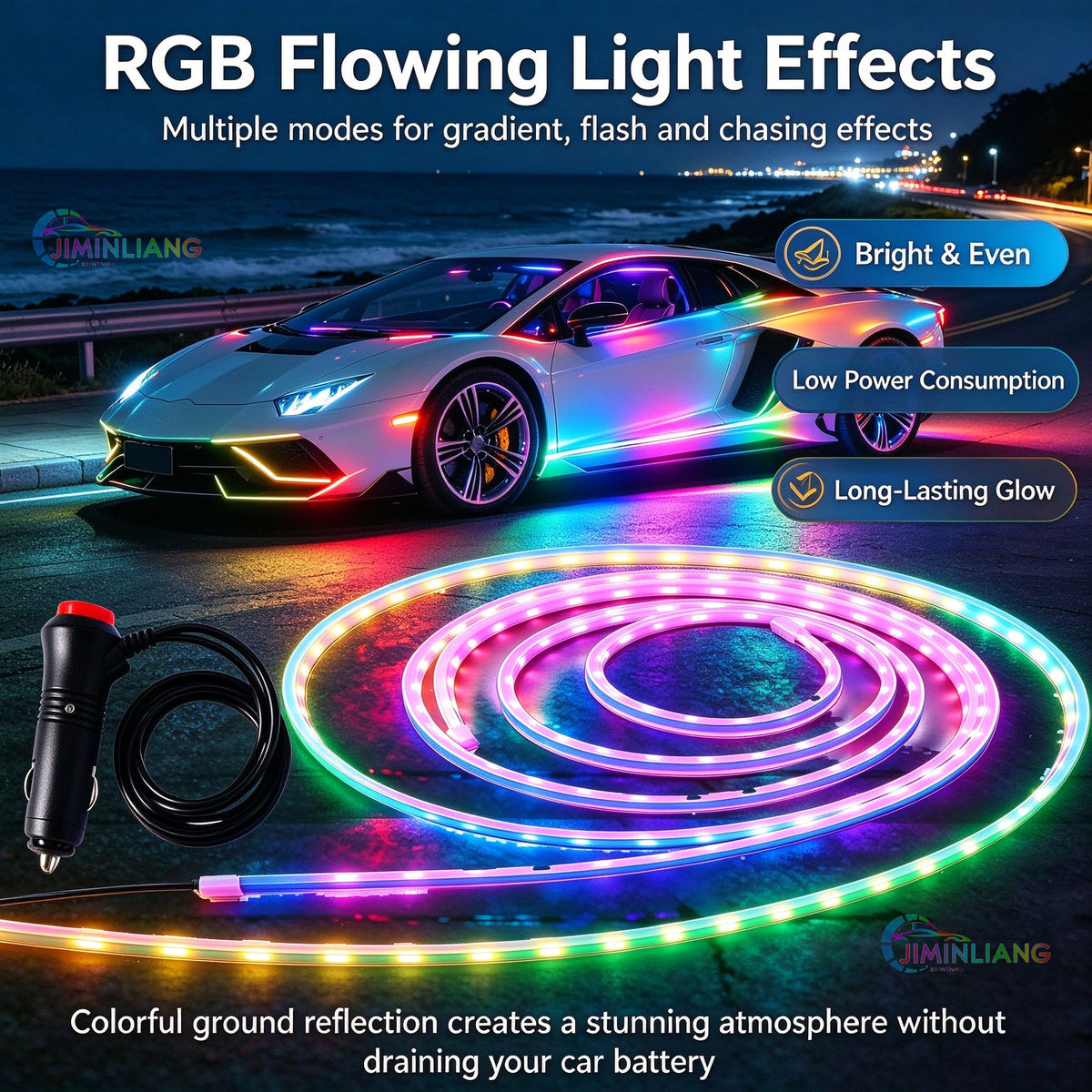 Car Underglow Lights, RGB LED Strip Light, Side Skirt Light, 12V, Cigarette Lighter, No Wiring, Neon Light, Dreamcolor， RGB Car Side Skirt Underglow Lights, Dreamcolor Flowing LED Strip Light, Waterproof Neon Light for All Cars SUV Truck Off-Road