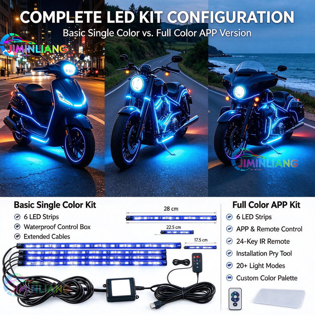 Motorcycle RGB LED light strip, APP + infrared remote control, IP67 waterproof neon LED lighting kit, cruising vehicle, 12V motorcycle atmosphere lighting set, multi-mode flowing decorative light, suitable for Harley off-road motorcycles and scooters