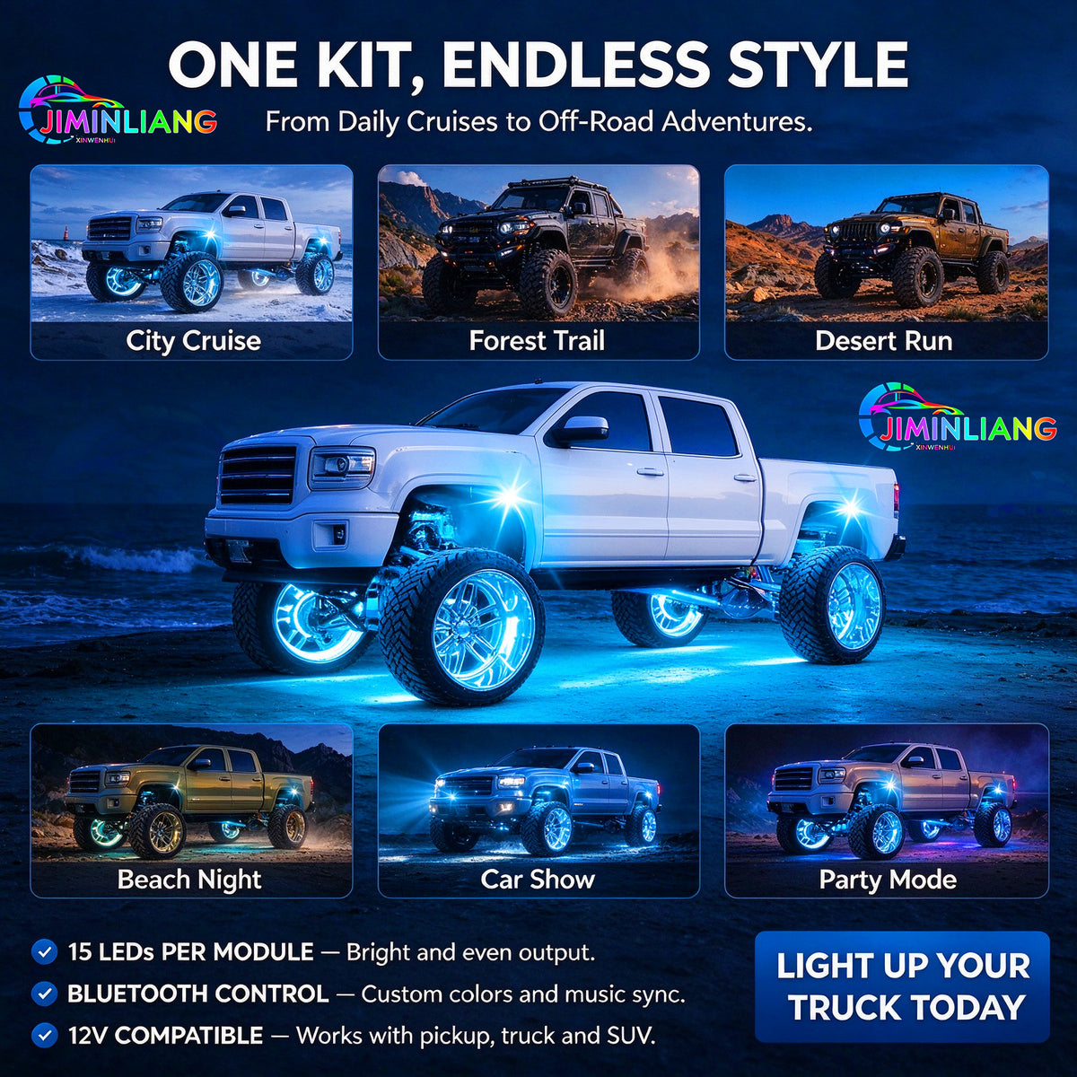 8 Pods RGB Rock Lights, 15 LED Per Pod Bluetooth App Control Music Sync Underbody Glow Light Kit, IP67 Waterproof Underglow Neon Light for Pickup Truck Off-Road SUV ATV， Offroad Truck Underbody Lights，