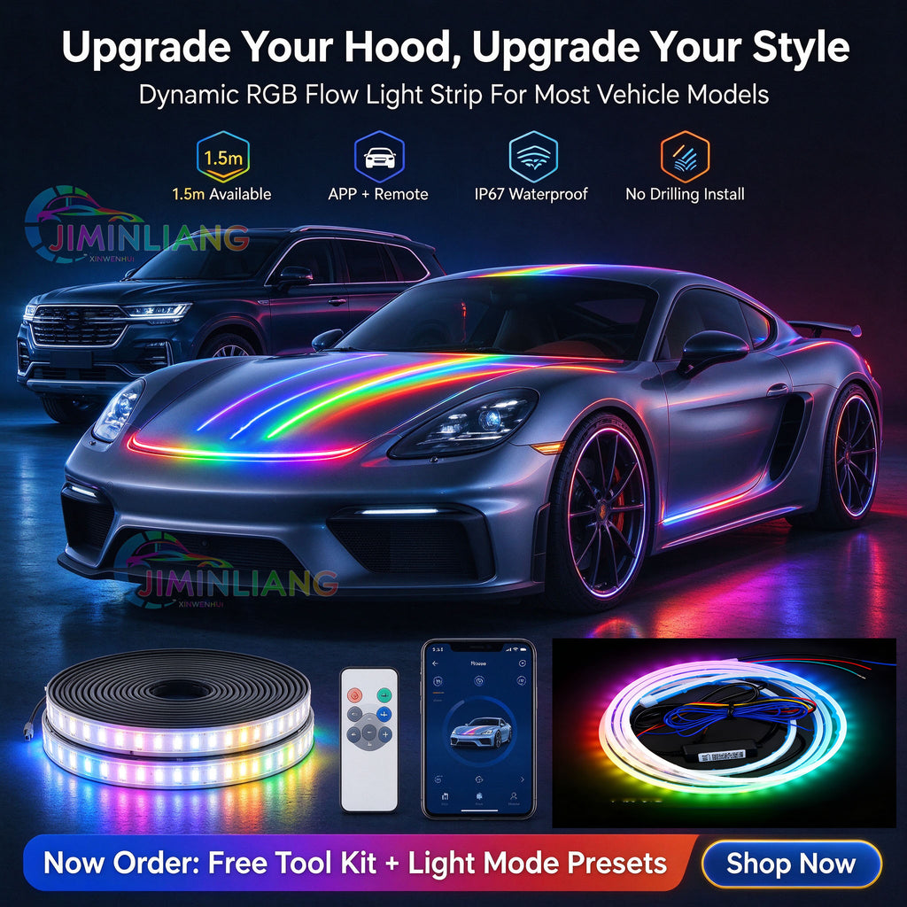 RGB Dynamic Chase Flow Car Hood Light Strip, APP & Remote Control Start Scan LED Engine Hood Strip Light,1.5M Dynamic RGB Car Hood LED Light Strip, IR Remote Control Flowing Scan Hood Light, Waterproof Flexible Neon Light Strip for Car Engine Cover Decor