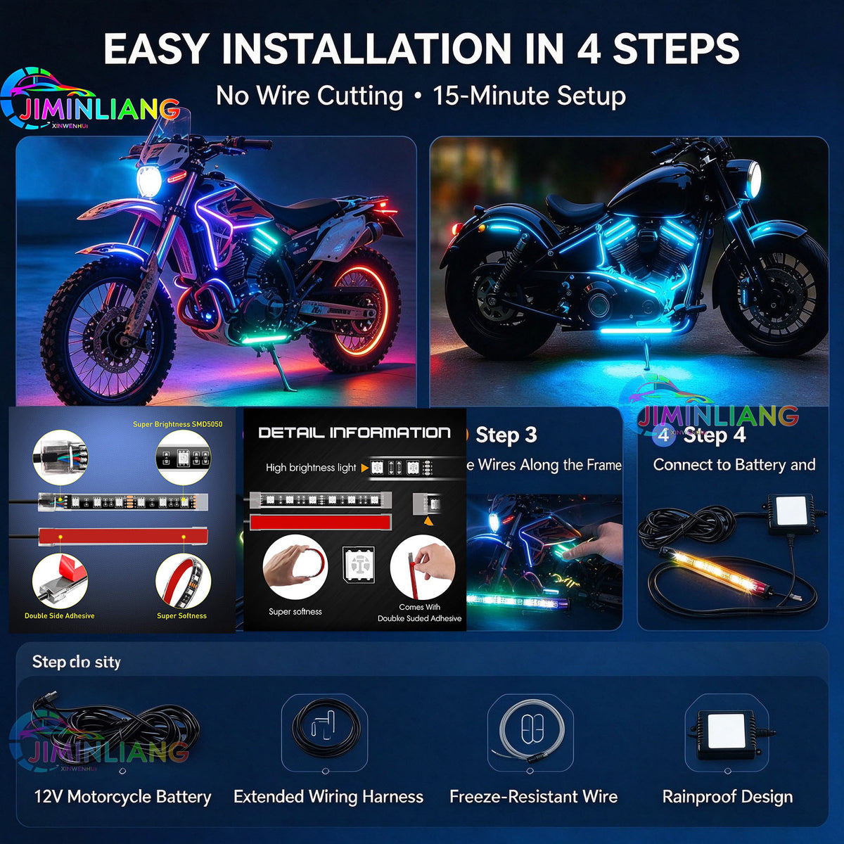 Motorcycle RGB LED light strip, APP + infrared remote control, IP67 waterproof neon LED lighting kit, cruising vehicle, 12V motorcycle atmosphere lighting set, multi-mode flowing decorative light, suitable for Harley off-road motorcycles and scooters