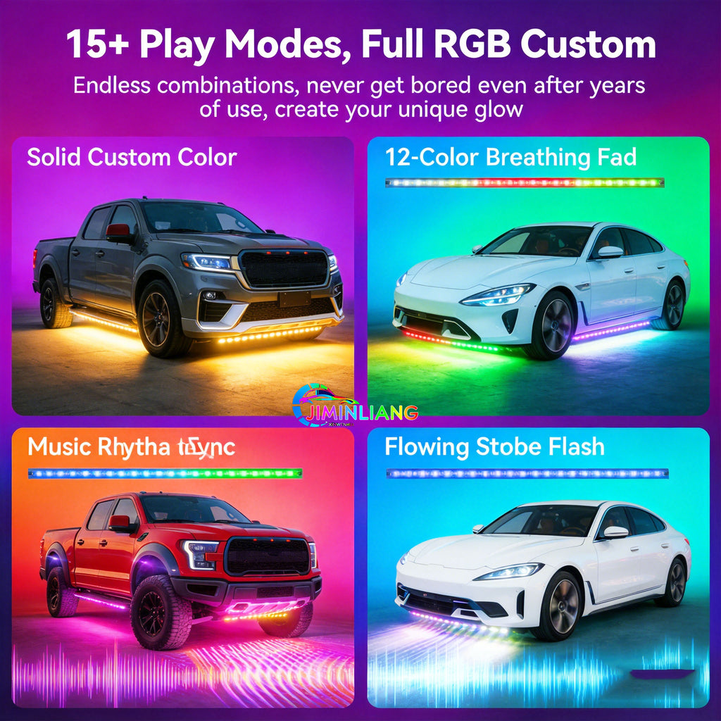 RGB Car Underglow LED Strip Light Kit - App + IR Remote Dual Control, 16 Million Custom Colors, Music Sync Mode,12V Universal No Cut Wiring For All Cars SUV Truck， Flexible Silicone RGB Car Underglow LED Light Strip Kit Universal For Sedan SUV EV,